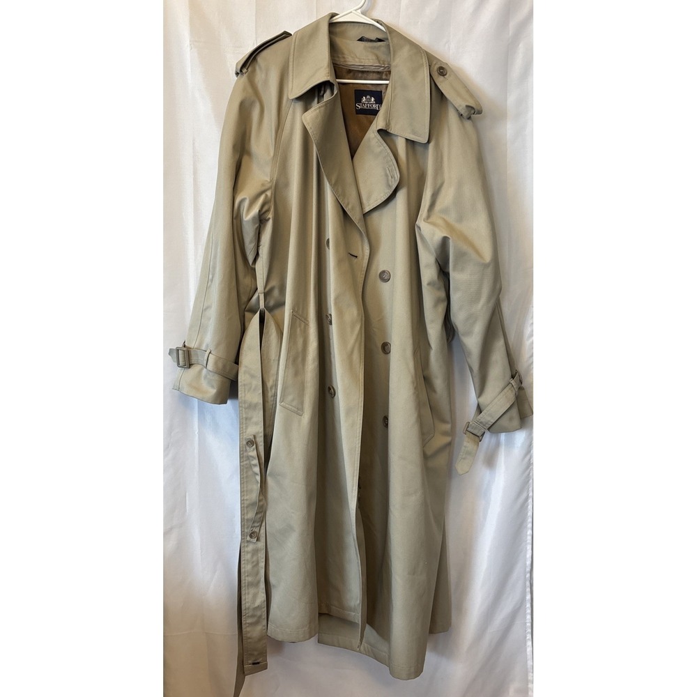 Stafford Trench Coat Dlb Breasted Overcoat Zip Liner Mens 46L Khaki Poly Cotton - Picture 2 of 7